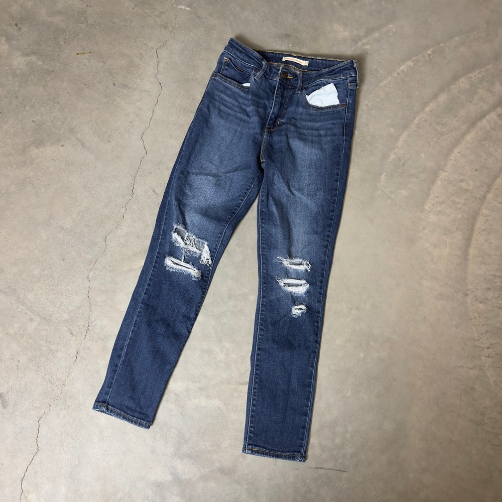 Levi's 721 High Rise Skinny Ankle Womens 27 Dark Blue Distressed Ripped Jeans